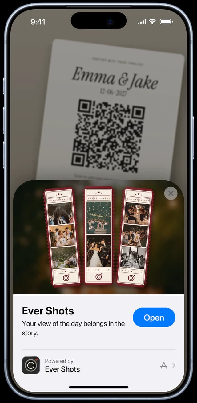 Ever Shots App Clip card appearing after a QR code scan