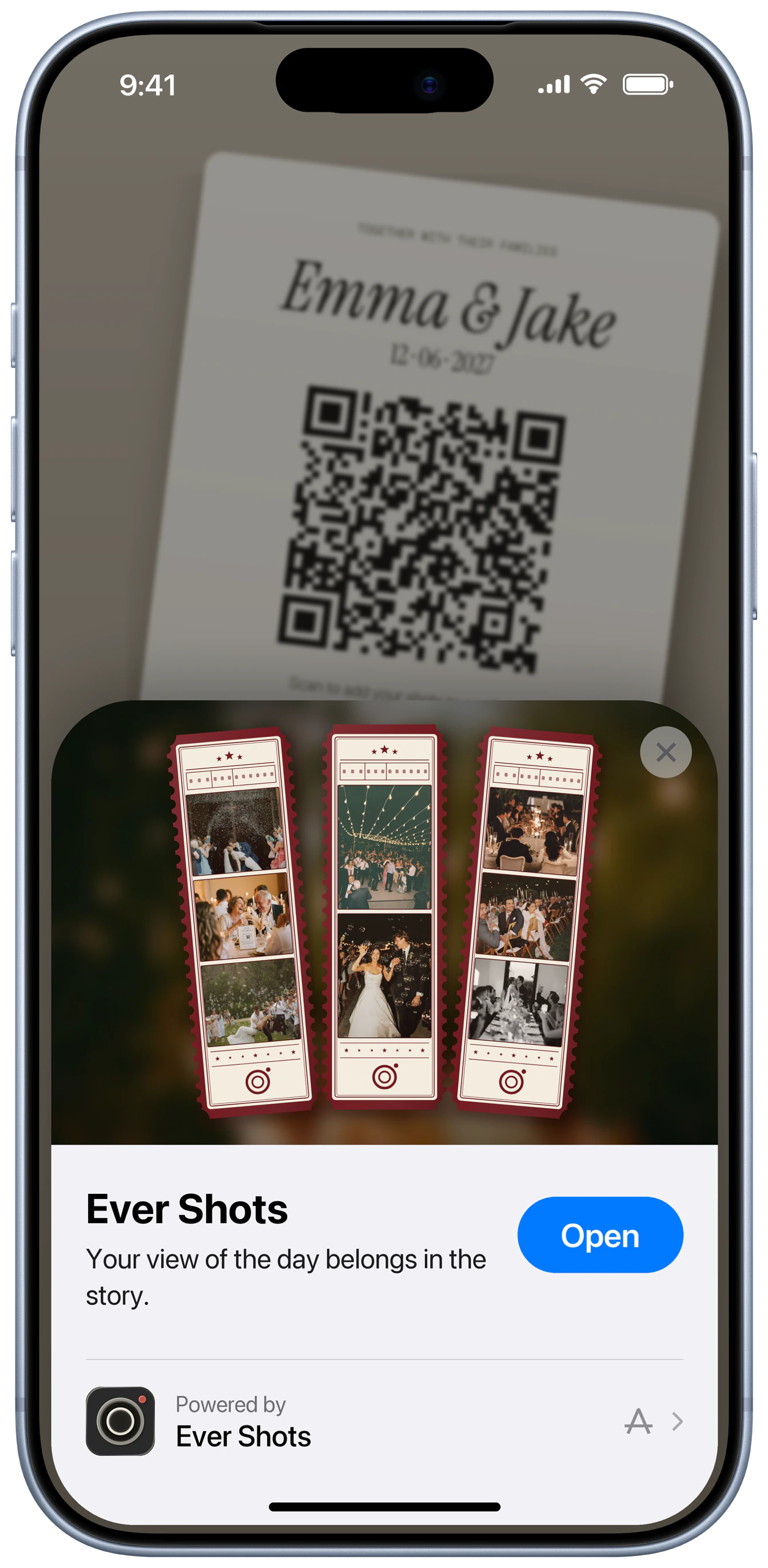A guest scanning a wedding invitation's QR code, opening the Evershots App Clip with no download required